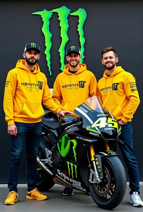  MotoGP full body men standing next to MotoGP motorcycle racing wearing a yellow hoodie jacket basketball cap is present " Logo" monster energy  "
Latar belakang Logo motogp 