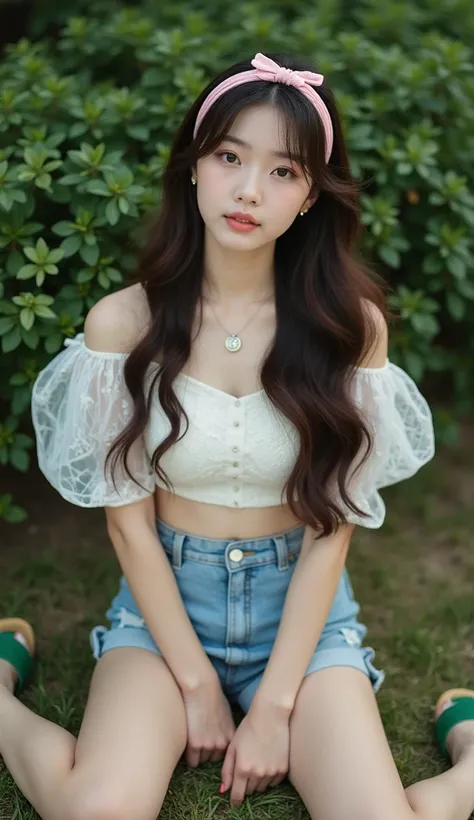 High angle photos, 4K professional photos of young Korean idols, beautiful women sitting with legs spread on the grass, long hair, pink headband, white lace crop top, puffed sleeves, decorated with a small pink bow and high-waisted shorts, very short jeans...