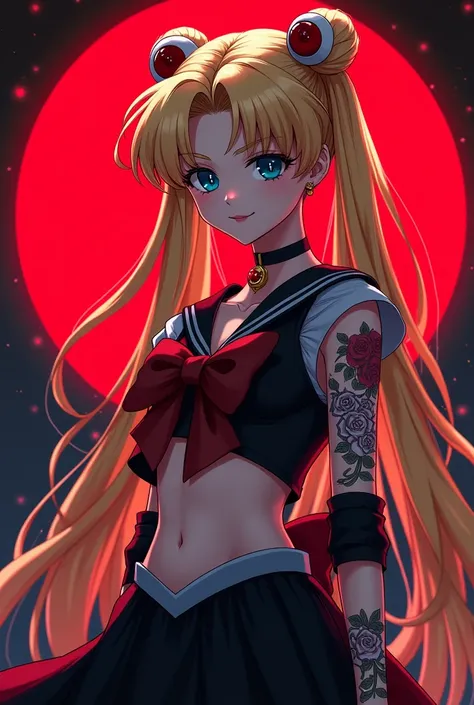 Usagi tsukino. blonde hair. Gothic crop dress. Blue eyes. Anime style. Rose Tatoos. Red cirle background. 