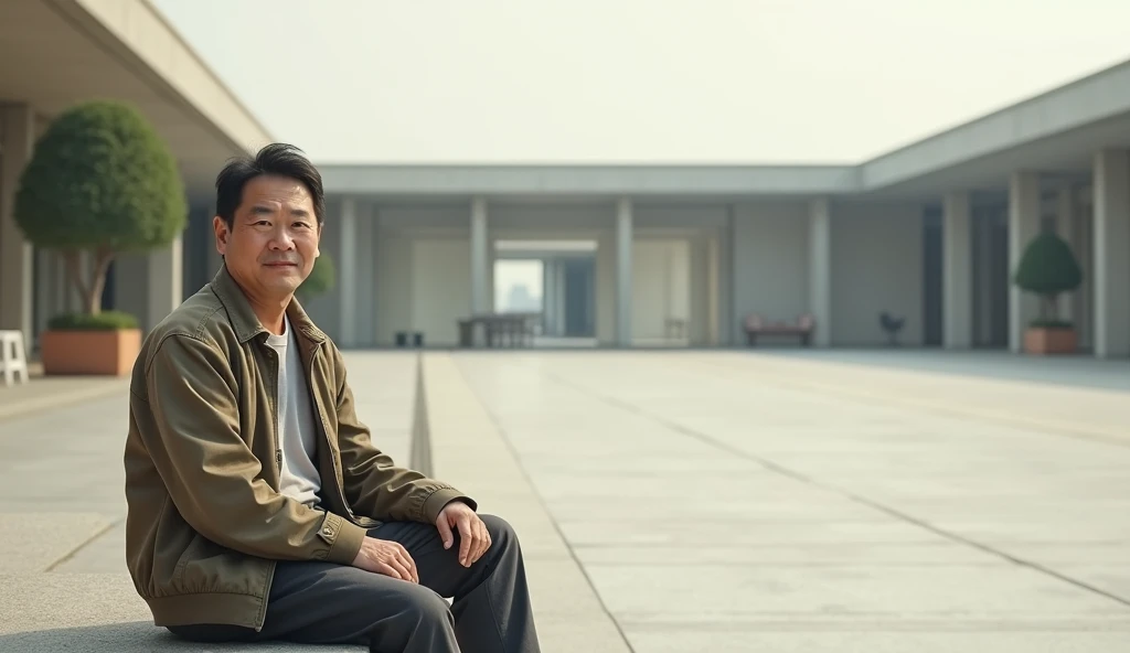 Give me a middle-aged Korean man sitting on the left-hand side of an empty square with a happy face