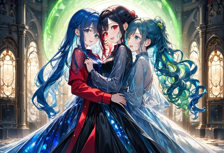 (beautiful and delicate) (Spectacular views illustration), (4 girls) ((embracing each other tightly, tears of joy and emotion streaming down their faces)). break, Each girl has a unique appearance, one (blue eyes forehead vivid blue long hair wearing a blu...