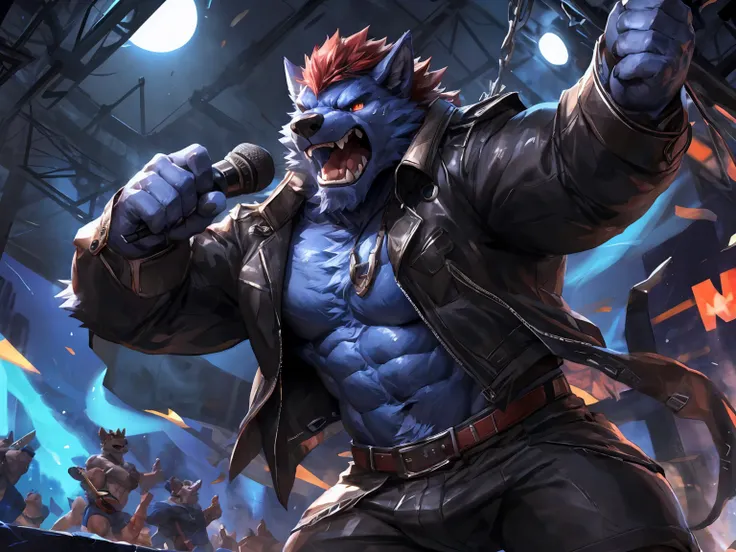 Werewolf, (Short red hair:1.2), (midnight blue toned fur:1.3), solo, paw pads details, Fierce expression,  Fierce eyes, Cold expression, sweat, anger, screaming, contemptuous, black cropped jacket, stand, cartoon, by lindong, by null-ghost, solo, holding a...