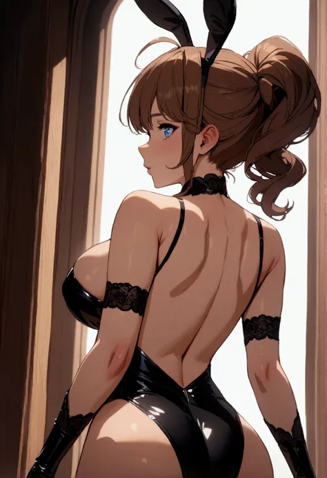 short brown hair, Blue eyes,  big boobs, Black Bunny Girl ,  back view ,  butt