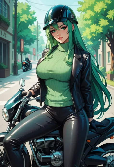 Score_9,Score_8_up,Score_7_up, Score_6_up,  source _anime, 1mature_FE, only 1 woman,  neon green hair , very long hair ,  green eyes,  black jacket ,  Apollo green sweater,  Long sweater ,  black leather pants,  black gloves,  riding a motorcycle, large mo...