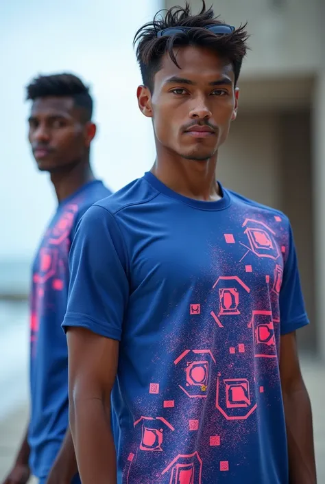 Futuristic soccer uniforms with geometric figures  , Whole with the predominant colors blue and fuchsia on the t-shirt with random patterns that change color between white and black with a contemporary coastal art style.