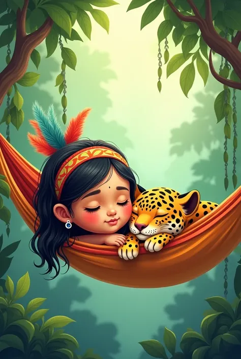 Cartoon of an indigenous girl with a headdress, Sleeping in a hammock, Along with a sleeping jaguar cub