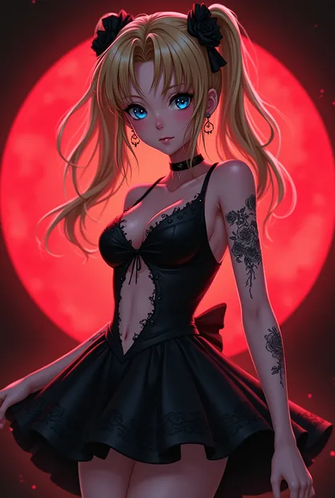 Usagi tsukino. blonde hair. Gothic dress. Not a sailor outfit. Showing tummy. Perky boobs. Blue eyes. Anime style. Rose Tatoos. Small Red cirle background. 