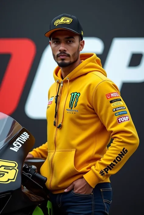 MotoGP full body Indonesian men standing next to MotoGP motorcycle racing wearing yellow hoodie jacket basketball cap " Logo" monster energy  "
Latar belakang Logo motogp 