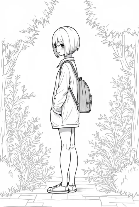 Create and drawing of a student standing in a little side view position he is wearing a black bag in an garden background (do not add color) 
