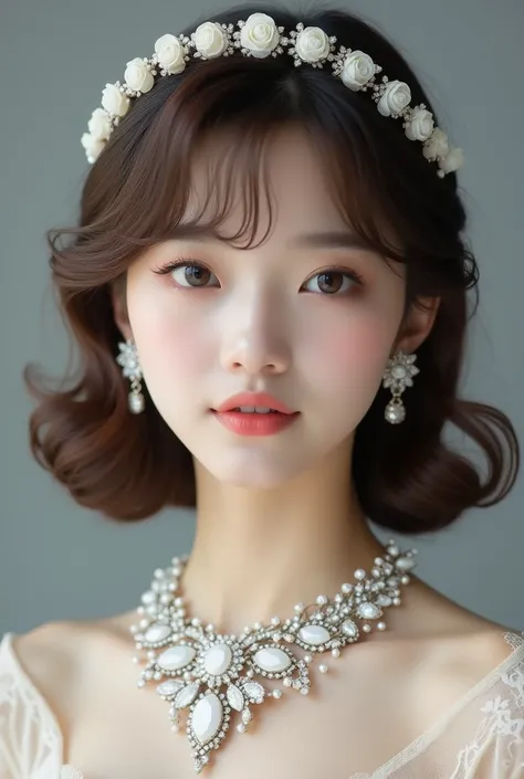 Close-up of a young Korean woman, likely a bride, with elaborate bridal attire.  The woman has shoulder-length, wavy, brown hair with bangs that frame her face. A delicate tiara with white flowers embellishes her head. Her makeup is light and natural, with...