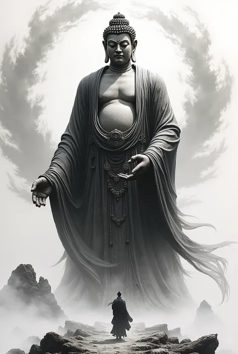  Please draw a giant Buddha or Fudo Myoo with ink painting 。Use only white and black and dont use other colors 。 Draw black with a brush for a powerful dynamic scene。