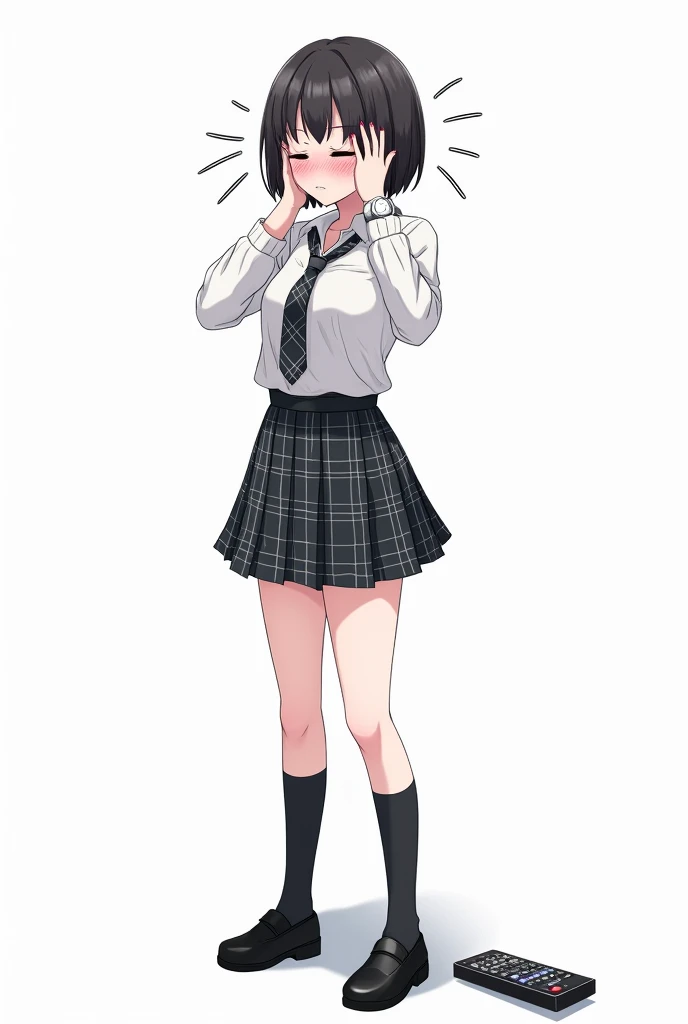 Teenage woman with black and short hair and with white anime watch and pink nails with schoolboy long-sleeved white shirt and plaid tie in dark gray and white and plaid pleated skirt in combination of dark gray and white colors, following a uniform pattern...