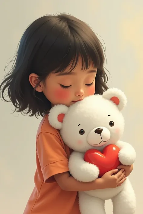 Indigenous girl embraced with little white teddy bear holding a heart in her hands 