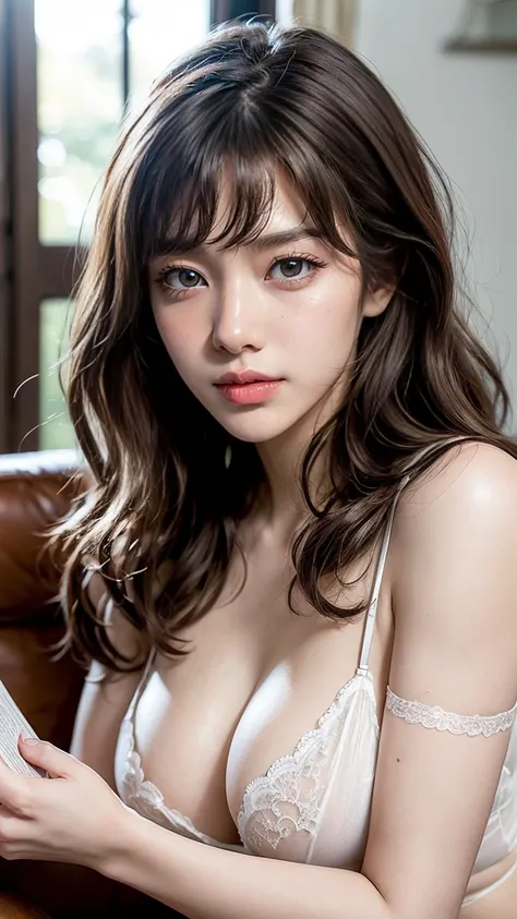 ( best quality, 8k, masterpiece:1.3), (Realistic, photoRealistic:1.4), ( Natural Side Lighting,  Movie Lighting ),  viewer, Front View:0.6,  1 girl, Japanese,  perfect face,  cute and symmetrical face , shiny skin, ( Long Hair,  light brown hair :1.5), Swe...