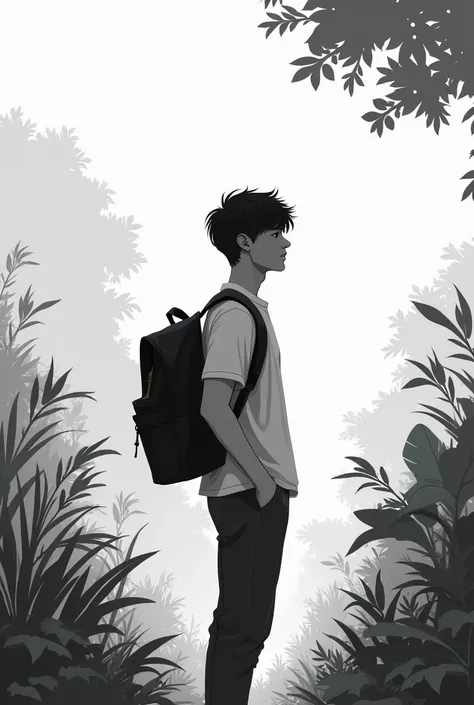 Create and drawing of a student standing in a little side view position he is wearing a black bag in an garden background (do not add color) a male
