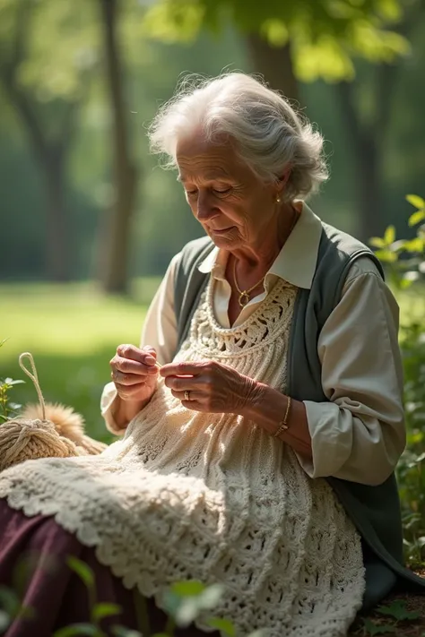 Old woman crocheting a girls dress sitting in a park