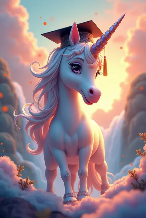 Animated unicorn with graduation cap that says Mariana