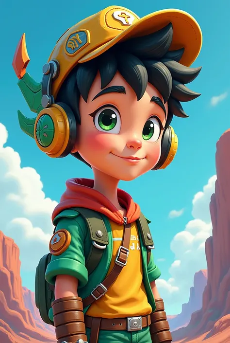 avatar of a young man as a cartoon that looks like a technological adventurer wearing a hat and a green helmet-like blade 