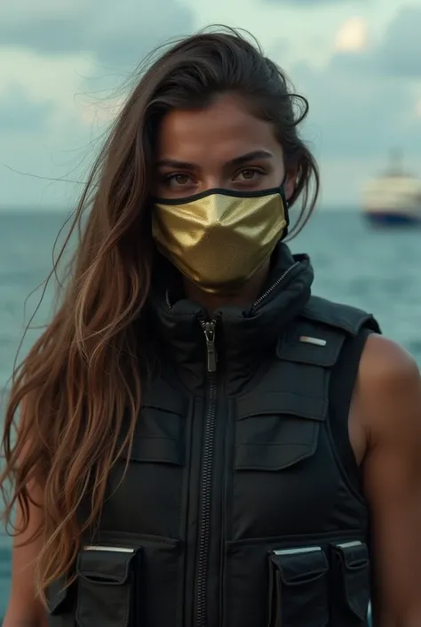 A sexy teenage girl trafficking drugs by sea on a boat with narcos and shes wearing a bulletproof vest and a gold aka 47 and a face mask 