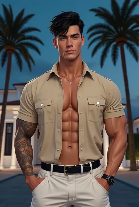 At night White man 23 years old ,  eclectic muscular physique ,  has a tattoo on his arm,  big wavy black hair.  Wear a short sleeve shirt ,  with collar and buttons , light beige color .  The person is also wearing white pants with a black belt .  He is a...