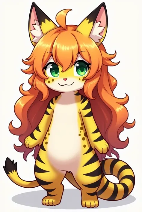 anime man,  orange wavy hair up to the ankles,  emerald green eyes , feline pupils,  yellow feline ears with black stripe and white tip, long yellow tail with black tiger stripes and a white tip at the end of the tail, Slightly stocky body,  yellow hair on...