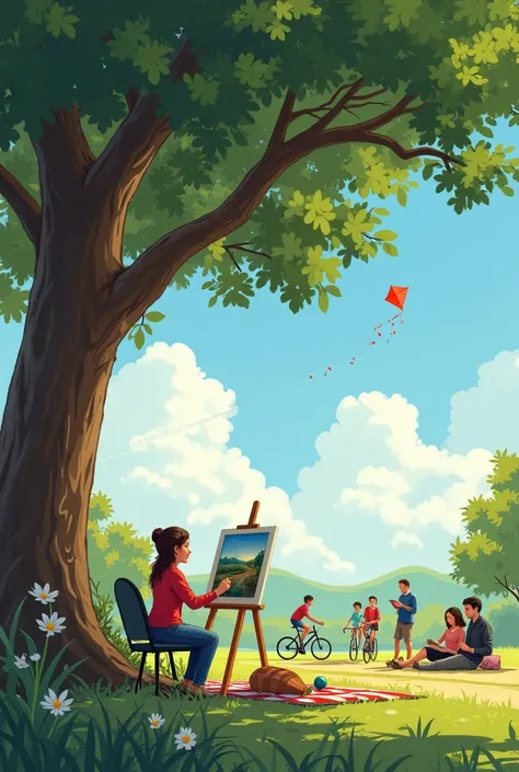   a woman paint on a canvas placed on an easel . about,  a boy plays with a ball . To the left,  a group of friends are cycling along a path . To the right,  under the shade of a large tree ,  a man reads a book . Not far from him ,  a couple is having a p...