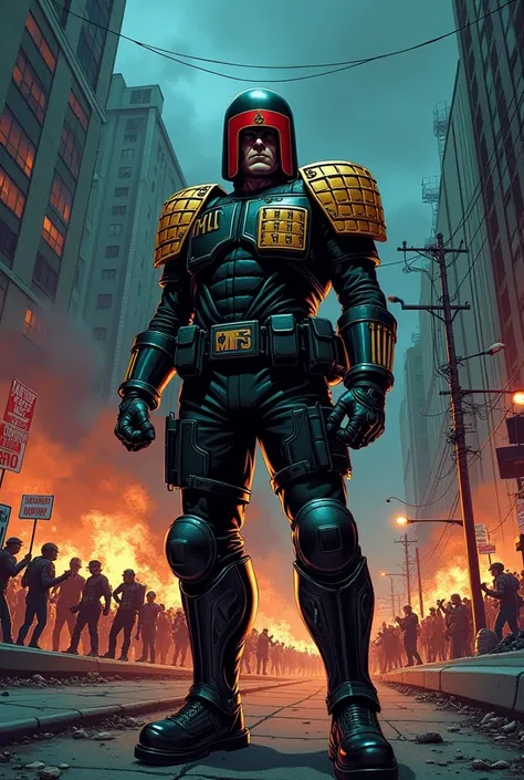 judge dredd scowling at rioting citizens outside a burning base, in armor and uniform, wearing a helmet, jdgdrddcom, cyberpunk, comic, cityscape, barricades, night, darkness, neon light, riot, signs, fighting, crowds. Across his helmet are the letters MFS