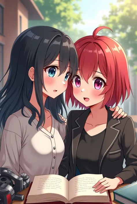 Create a profile picture to share with my partner in wasap  ,  that tastes like both of them she likes books and I like motorcycles and were both women, Let the image be in anime .
 She has semi-long black hair and I have short hair cut Tomboy red hair ,  ...