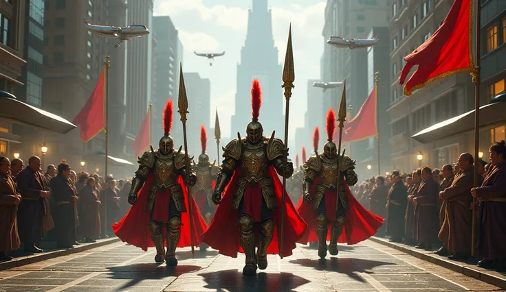 landsknecht soldiers in warhammer 40k style march in a parade in a prosperous futuristic city