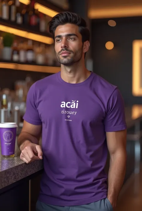 handsome dark-haired man with straight hair, slim, purple t-shirt with the name "Açai" and the image of a Vitruvian man. minimalist t-shirt print (sneakers), leaning on a counter looking forward with the name açai written on the açai cups with the most inc...