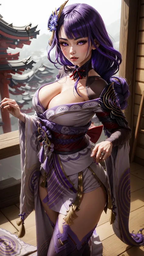 raiden shogun,purple eyes,wedding dress,(beautifuls piernas)(beautiful)( From below)(Japanese clothing)