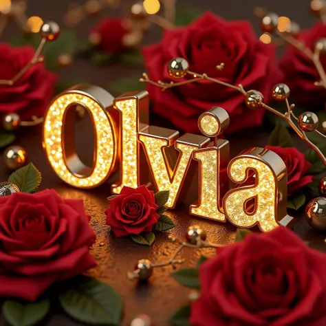   The image shows a 3D representation of the name "olivia" in Portuguese and in luxurious classic and golden letters,  surrounding the letters lots of sparkles and red roses