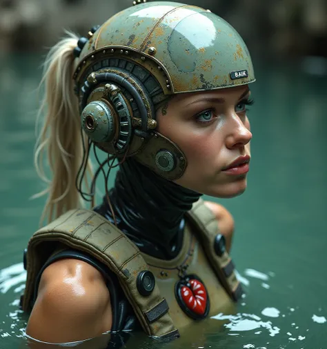 Biopunk close of a character by side of a woman that have a lot of glass and liquid on her head with an artificial brain and heart, dirt vest and cripy background, coming up from water, like a soldier with augmented implants on John Berkey and Jean Giraud ...