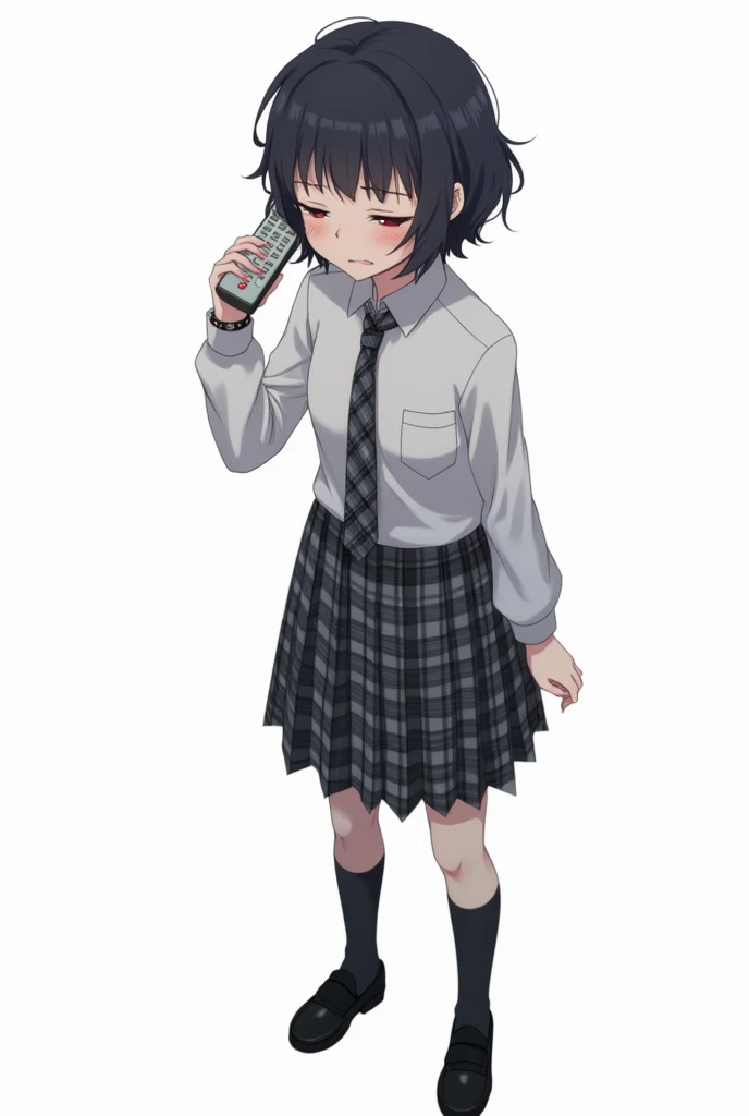 Teenage woman with black and short hair and with white anime watch and pink nails with schoolboy long-sleeved white shirt and plaid tie in dark gray and white and plaid pleated skirt in combination of dark gray and white colors, following a uniform pattern...