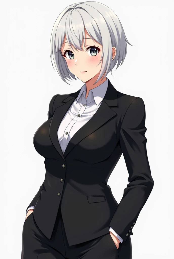 Create an image of a beautiful anime female character with a voluptuous and well-proportioned body. She wears an elegant black business outfit, symbolizing her role as a school principal. She is dressed in a tailored suit with a blazer and skirt, exuding a...