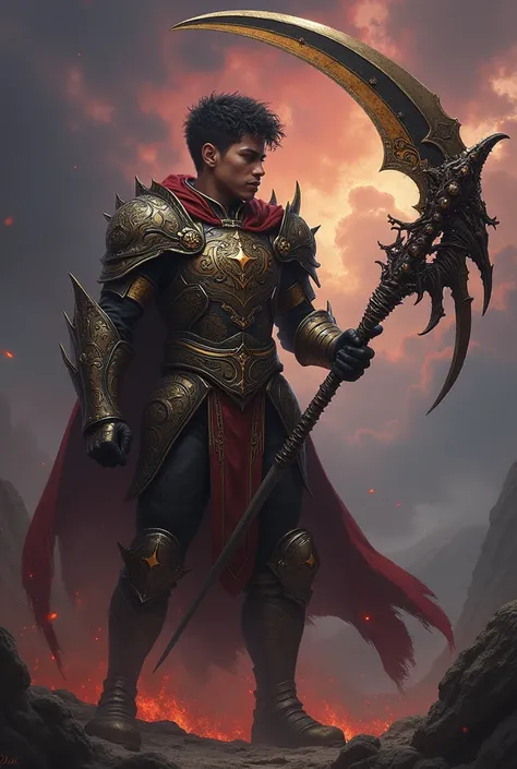 Young Baroque warrior using a chimera scythe 