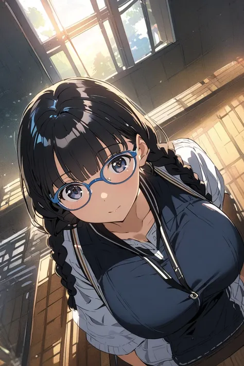 Black hair braids　Glasses　bikini　Big Breasts　 pretty girl　 The sunset is shining through the window　after school　The feeling of looking down at an angle from above　 looking at the camera