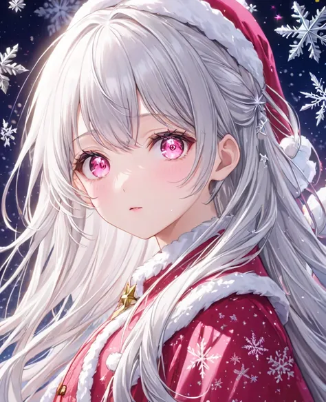 (masterpiece, best quality:1.2), (absurdres,  highres icon, ultra-detailed), (perfect anatomy), 
 pretty girl  、Rabbit 、Personification 、 Silver Hair、  Fluffy Long Hair 、 Snowflakes  、Pink Eyes、night、Background sparkle、 Christmas、 Santa Claus 

(8k, RAW ph...