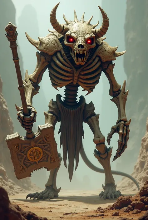 Giant muscular humanoid skeleton rat with armor and hammer made of bones.