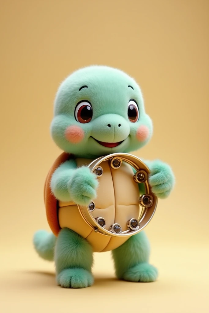  fluffy stuffed turtle ,  with tambourine on her hand , She will play ,  is standing on two legs