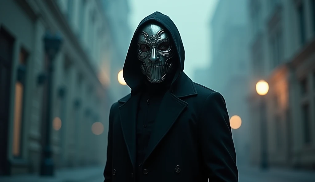  An enigmatic man wearing an intriguing and mysterious mask .  The mask is made of polished metal with ornate details , covering the whole face,  leaving only the eyes visible ,  that shine with mesmerizing intensity .  The mask design combines elegance an...