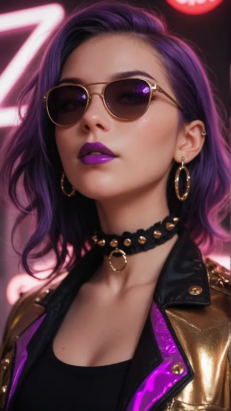  Alternative girl,  looking over black sunglasses , jacket, collar,  neon light reflections on the skin, earring, makeup,  skin imperfections , Long purple hair pink and purple flying saucer background with golden armor filled with gold jewelry purple lips...