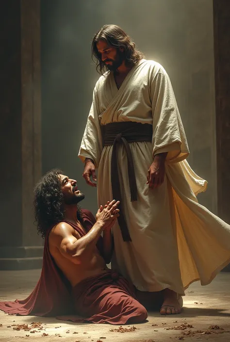 Jesus Christ making a jiu-jitsu key on the floor to Satan
