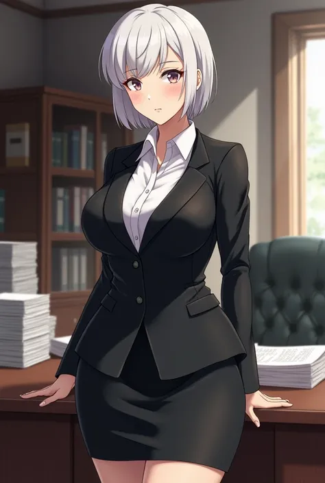 Create an image of a beautiful anime female character with a voluptuous, curvy body. Her clothes are tight-fitting, emphasizing her curves, especially around her chest and waist. She is wearing an elegant black business outfit, consisting of a well-tailore...