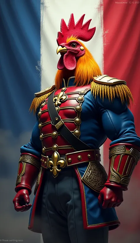 France (Rooster)

Appearance: Humanoid rooster with vibrant feathers and proud stance.
Attire: Blue, red, and white military uniform with a fleur-de-lis motif.
Flag: In the background or featured on the warriors shield.