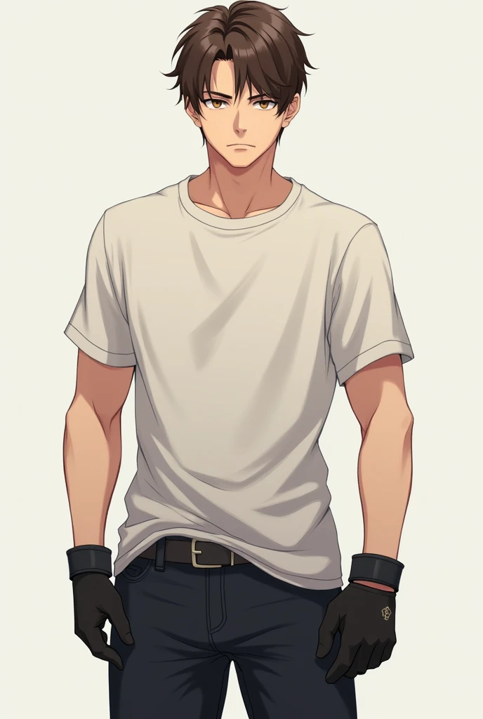 Now, i need a man like 25 years old with intermedium fisic and a t-shirt, pants black and black gloves, with the hair brown and with seriusly faction face. With the style of anime.