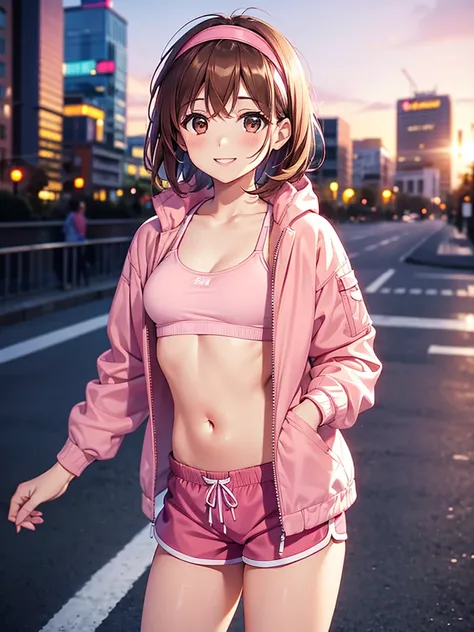 4K quality,cute,Brown Eyes,Brown Hair,20-year-old female,solo, small breasts, Pink Sports Bra , pink shorts,Put on a pink headband, long short hair,smile, blurry background,Cityscape on a winter morning,Light jacket,