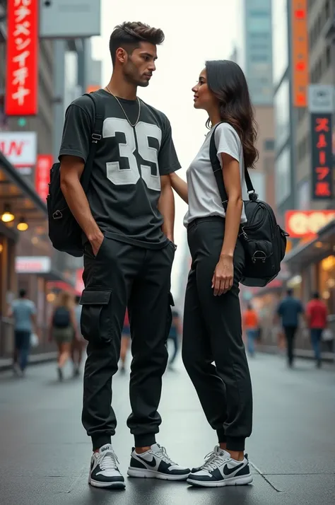 A handsome man wearing a T-shirt says 35 with a black cargo bag as his pants and NIKE shoes and there is a woman next to him