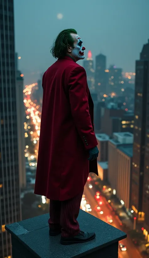 Photo of the Joker movie character, in his full red costume, frowning and looking at the sky, HD, standing on a tall building, at night, in a modern city and visible traffic below, very detailed, professional.