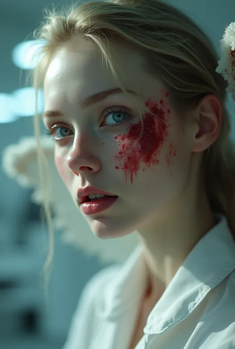 close up, hyper realistic, pretty angel, bloody wound on face, severed wings,  lab testing